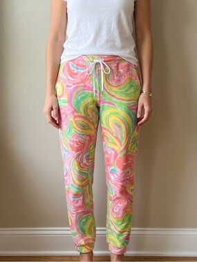 Lilly Pulitzer Velour Joggers Pink Green Swirl Print Lounge Pants Medium